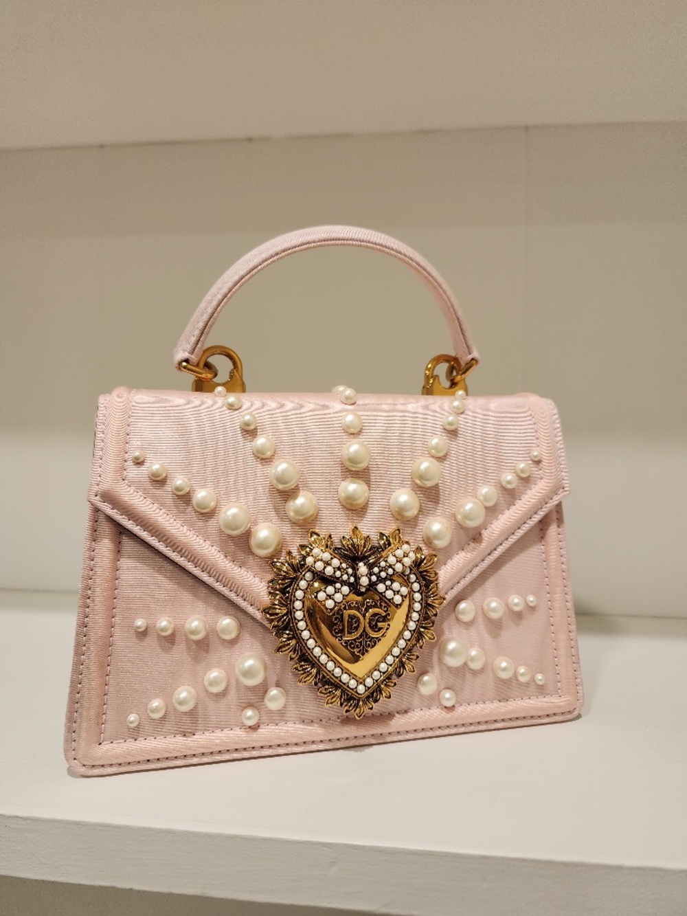 D&G Small Baby Pink Moiré Top Handle Devotion Bag with Pearl Embroidery